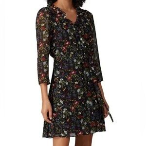 adewell Size Small Ruffled Wrap Dress Sheer Sleeve Finch Birds Floral Black